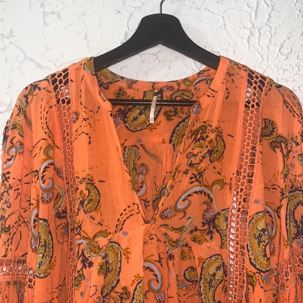 Free People *Flaw Tunic Mini Just The Two Of Us Paisley Orange XS Boho Whimsical